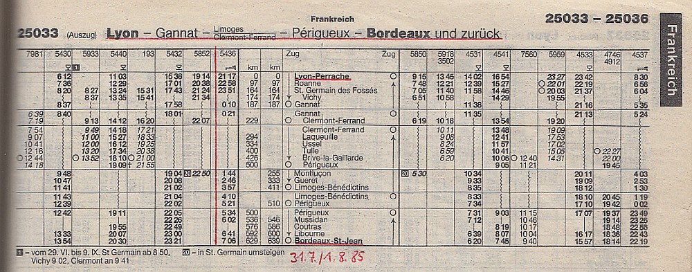 DB Auslandskursbuch 1985 Sommer: Auszug Lyon - Bordeaux