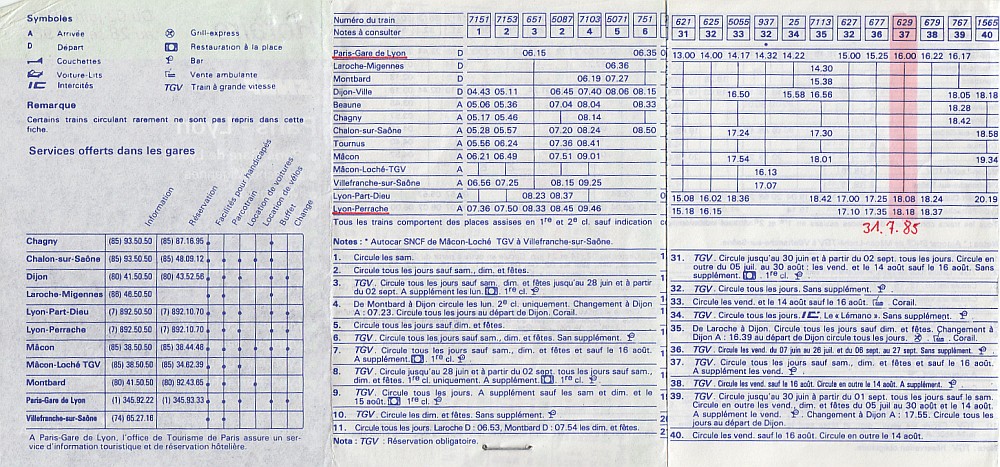 SNCF-Fahrplan Sommer 1985: Paris - Lyon